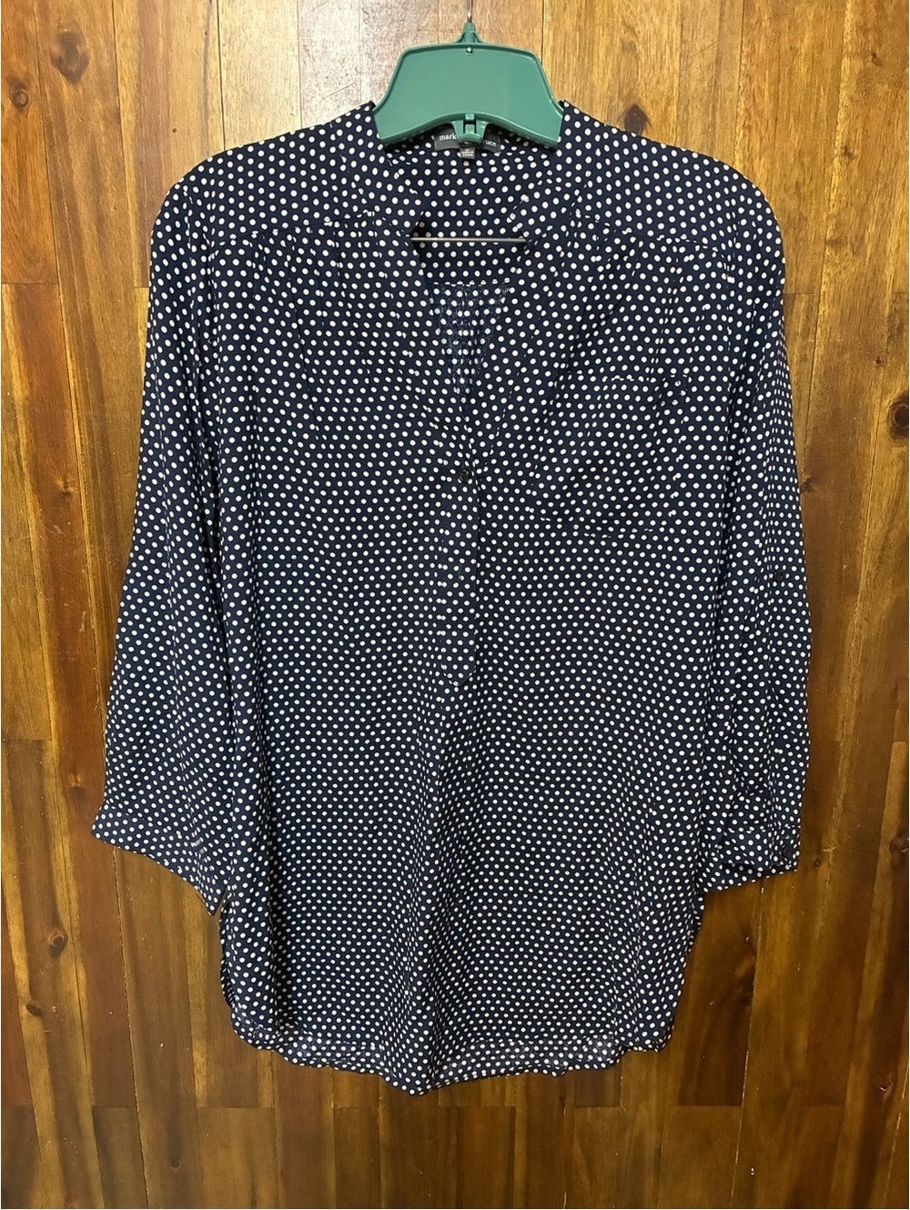 Market & Spruce Navy Polka Dot Blouse M 100% Rayon Coastal Preppy Workwear